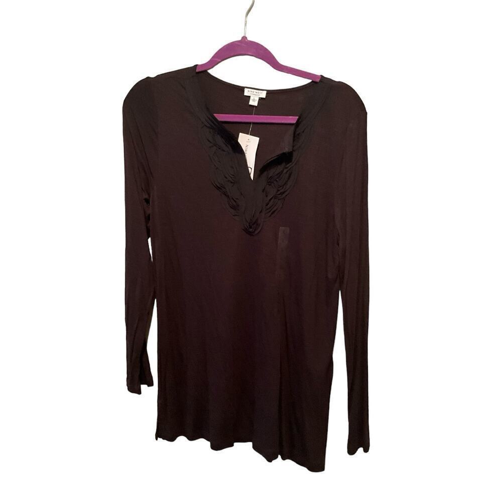 Nine West Tunic Top Women's Large Black Classic Split‎ Neck Long Sleeve Pullover